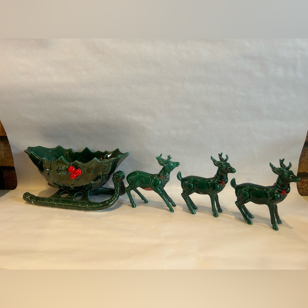 Vintage Lefton Japan holly berry Christmas sleigh sled candy dish and reindeer